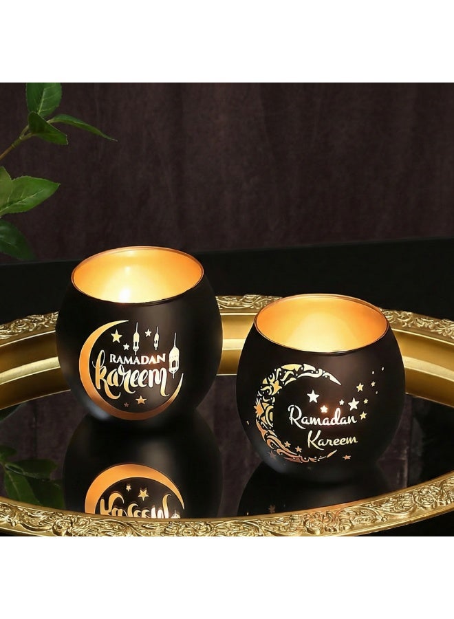 طقم حامل شموع زجاجي من قطعتين بتصميم "رمضان كريم" - أسود وذهبي بنقش هلال ونجوم - ديكور طاولة مثالي لشهر رمضان والعيد - Image 3